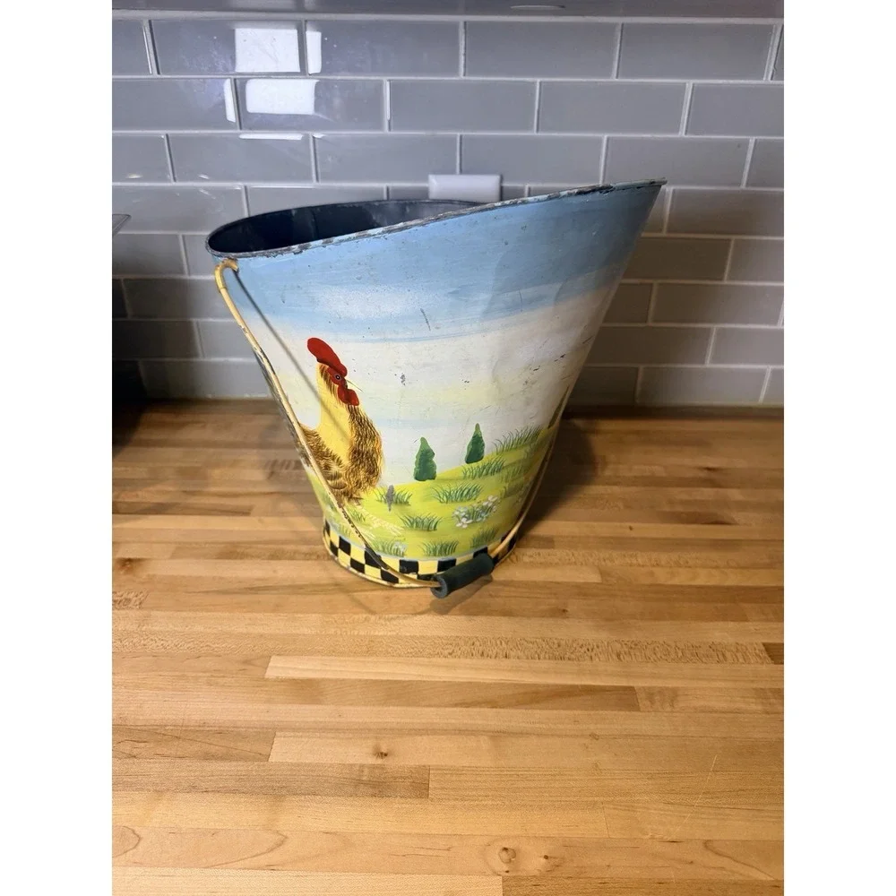 Vintage Rooster Metal Coal Scuttle Bucket Farmhouse Hand Painted Checkered 11in
